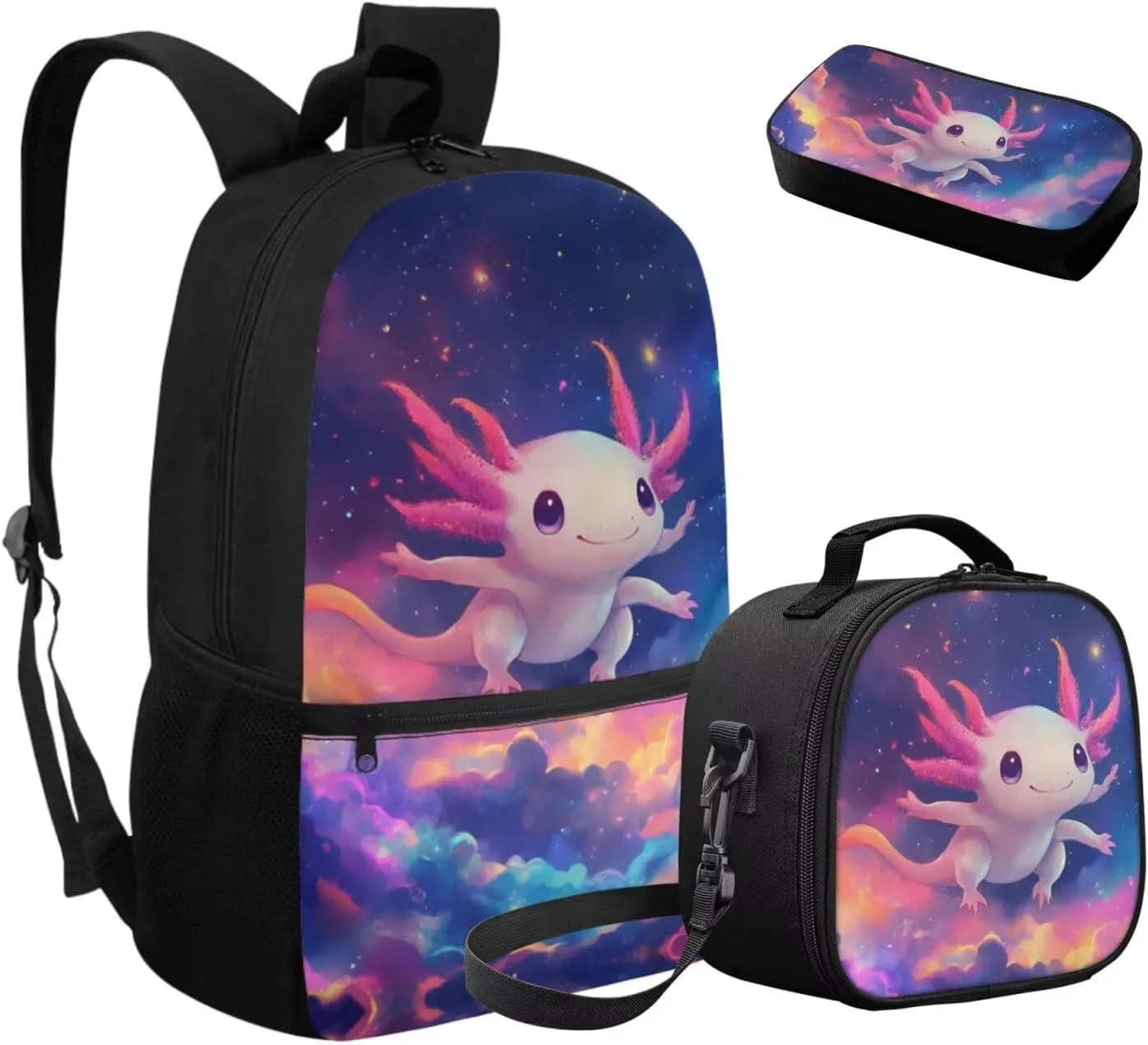FOR U DESIGNS Axolotl Backpack for Girls 8-10 3rd Grade School Bag and Lunch Bag Set 3 in 1 Elementary Bookbag Set with Lunch Box Galaxy Travel Rucksack