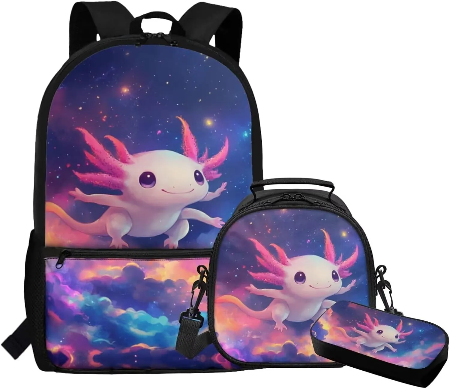 FOR U DESIGNS Axolotl Backpack for Girls 8-10 3rd Grade School Bag and Lunch Bag Set 3 in 1 Elementary Bookbag Set with Lunch Box Galaxy Travel Rucksack