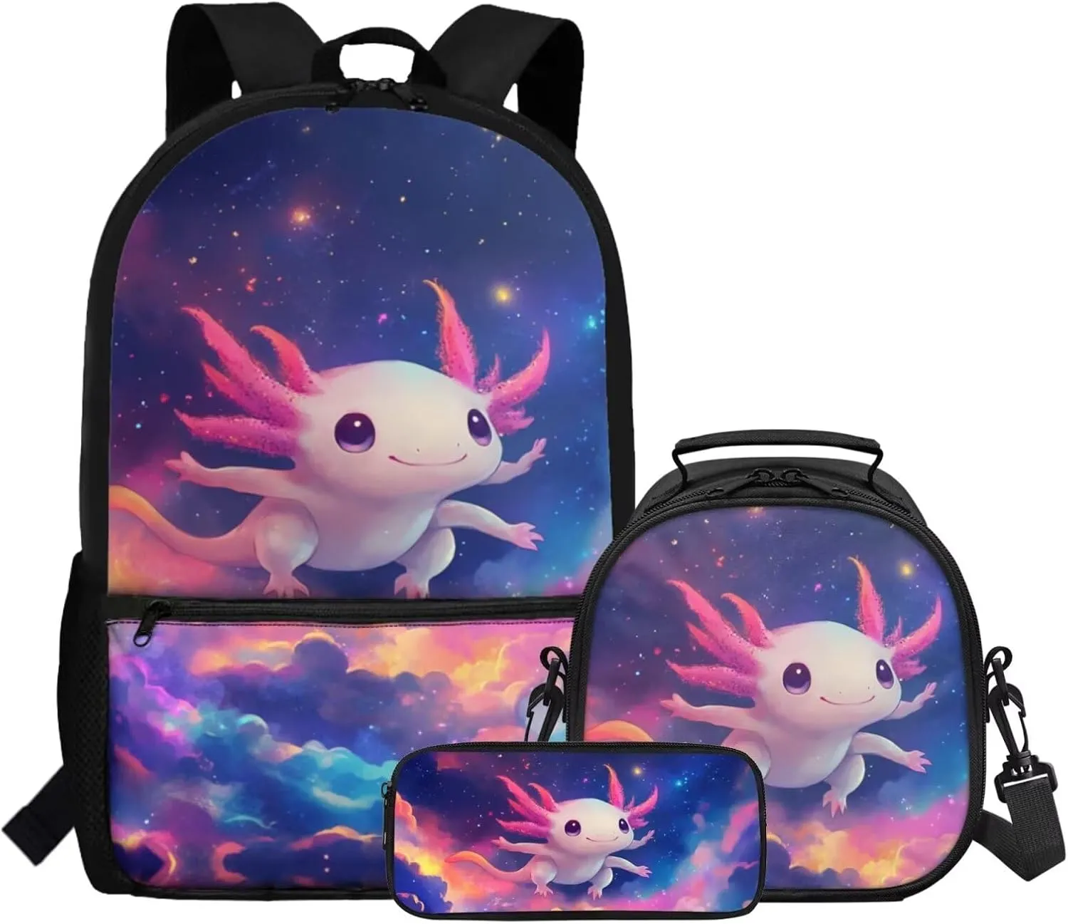 FOR U DESIGNS Axolotl Backpack for Girls 8-10 3rd Grade School Bag and Lunch Bag Set 3 in 1 Elementary Bookbag Set with Lunch Box Galaxy Travel Rucksack