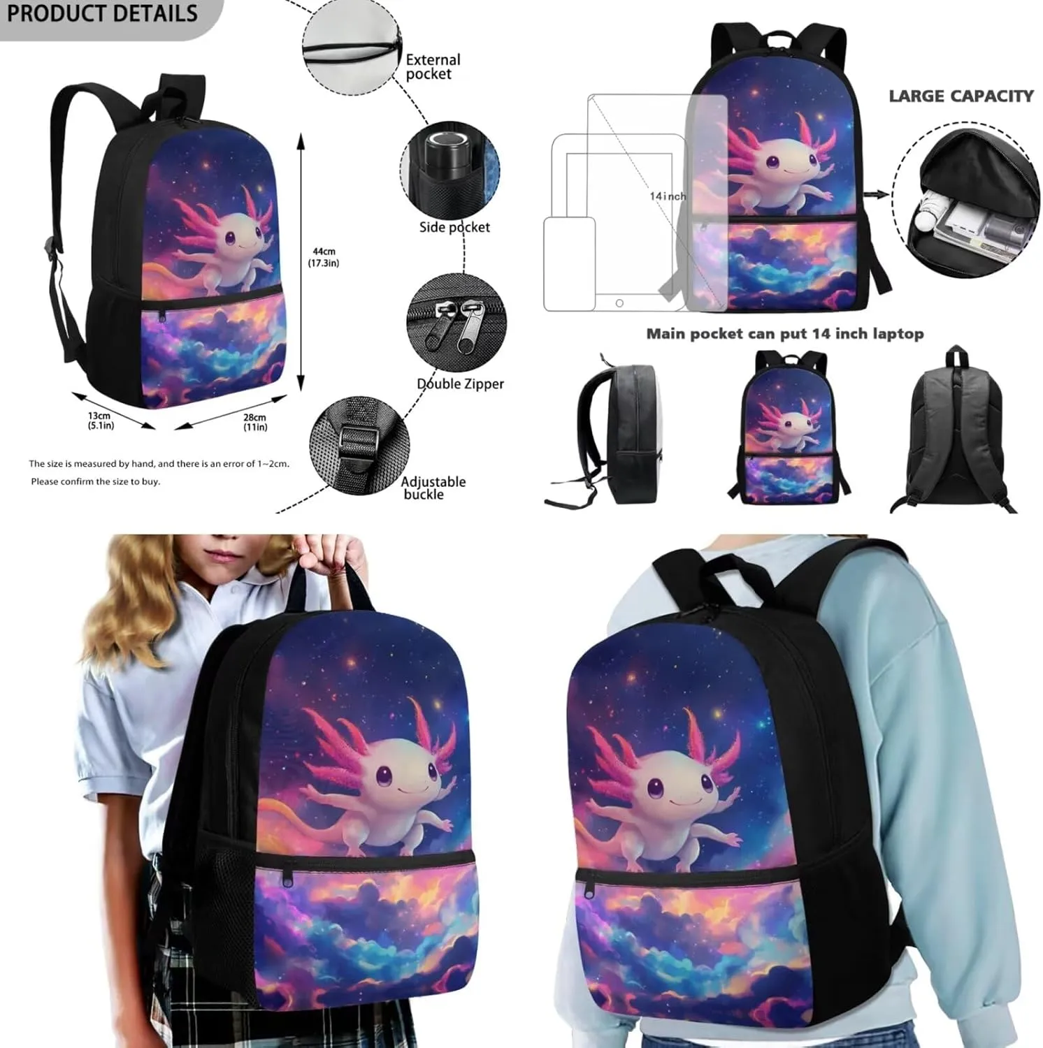 FOR U DESIGNS Axolotl Backpack for Girls 8-10 3rd Grade School Bag and Lunch Bag Set 3 in 1 Elementary Bookbag Set with Lunch Box Galaxy Travel Rucksack