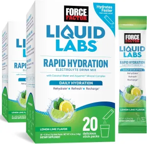 FORCE FACTOR Liquid Labs Electrolytes Powder Packets—Lemon Lime—Hydration Packets to Make Electrolyte Water with 5 Essential Electrolytes, Vitamins, Minerals, and Antioxidants, 40 Stick Packs, 2-Pack