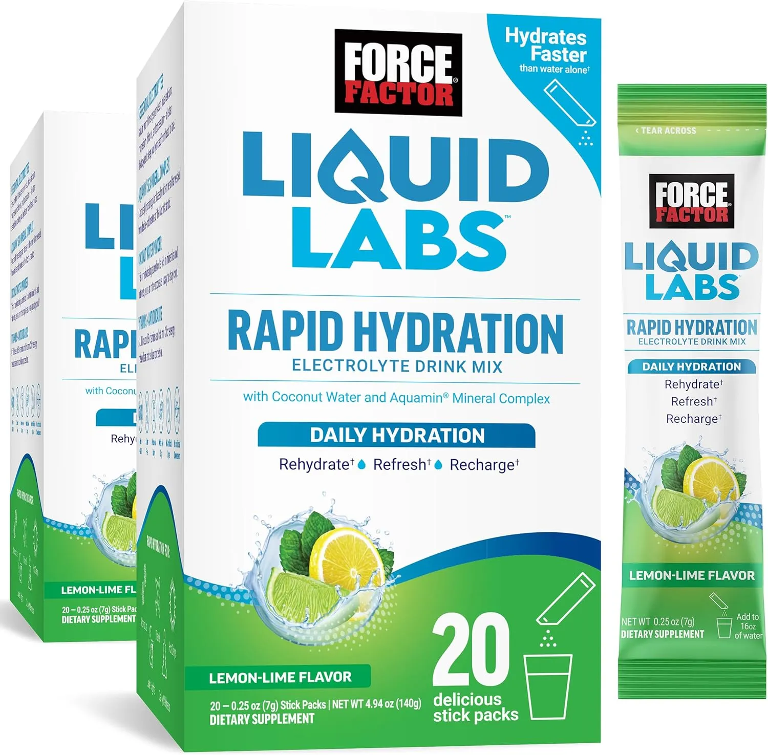 FORCE FACTOR Liquid Labs Electrolytes Powder Packets—Lemon Lime—Hydration Packets to Make Electrolyte Water with 5 Essential Electrolytes, Vitamins, Minerals, and Antioxidants, 40 Stick Packs, 2-Pack