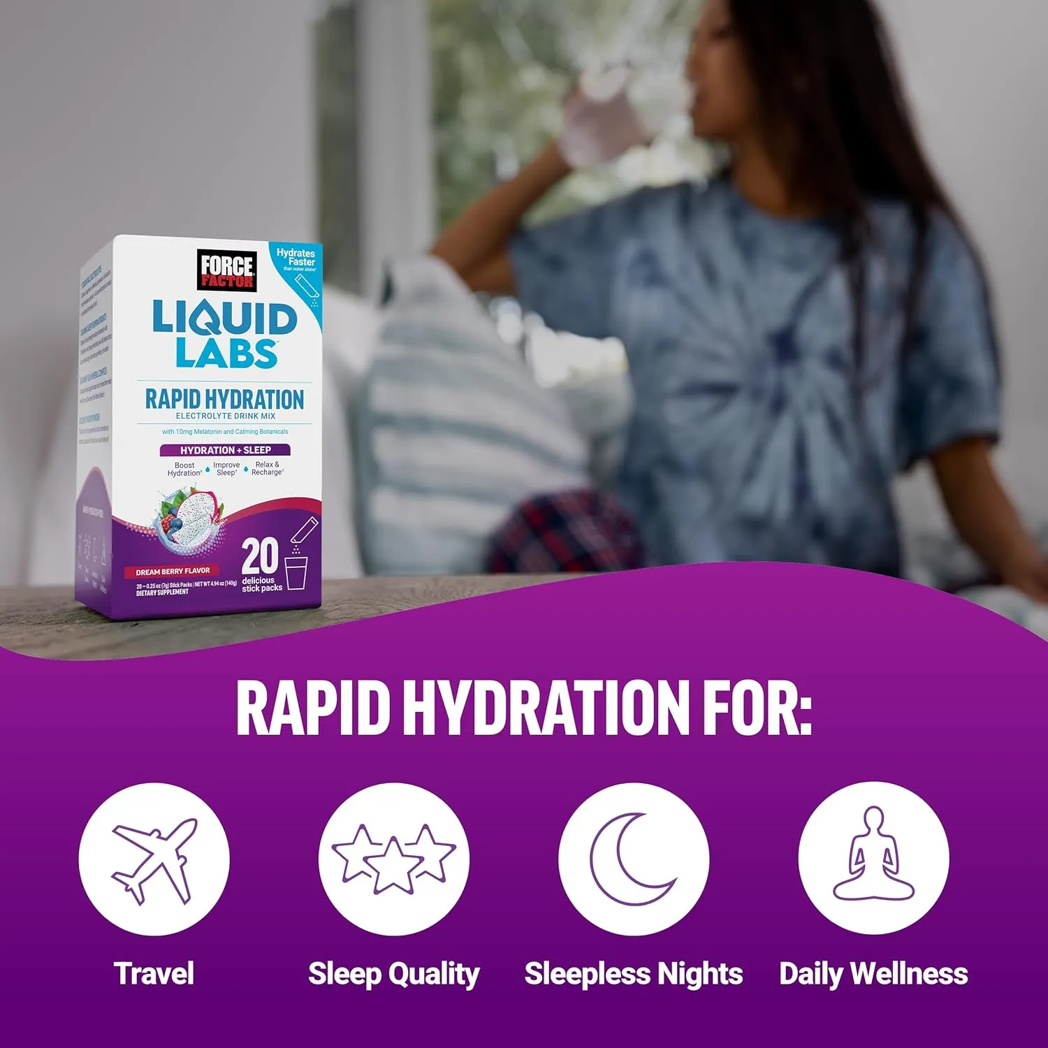 FORCE FACTOR Liquid Labs Sleep, Electrolytes Powder & Sleep Aid with Melatonin 10mg, Hydration Packets for Sleep Support with Vitamins, Minerals, & Antioxidants, Dream Berry Flavor, 20 Stick Packs