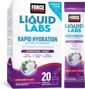 FORCE FACTOR Liquid Labs Sleep, Electrolytes Powder & Sleep Aid with Melatonin 10mg, Hydration Packets for Sleep Support with Vitamins, Minerals, & Antioxidants, Dream Berry Flavor, 20 Stick Packs