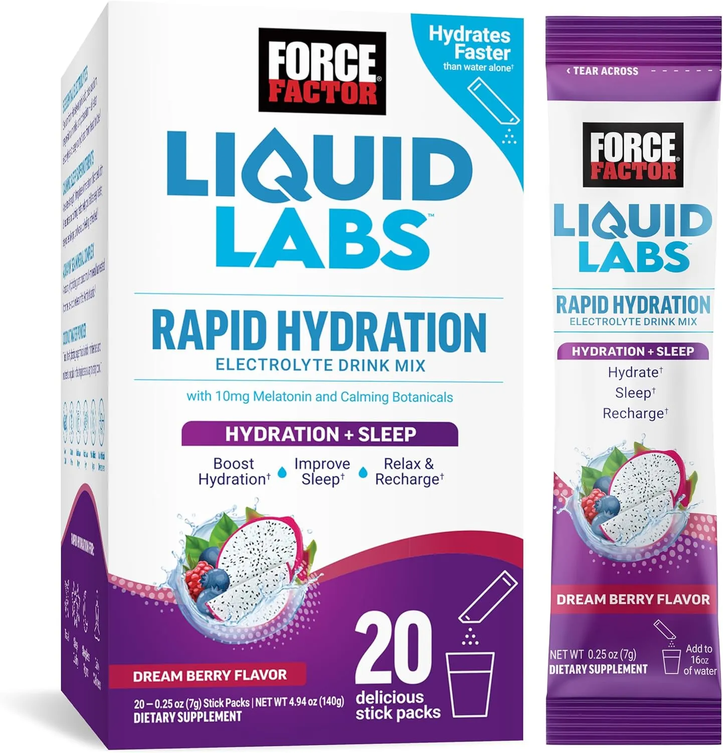 FORCE FACTOR Liquid Labs Sleep, Electrolytes Powder & Sleep Aid with Melatonin 10mg, Hydration Packets for Sleep Support with Vitamins, Minerals, & Antioxidants, Dream Berry Flavor, 20 Stick Packs