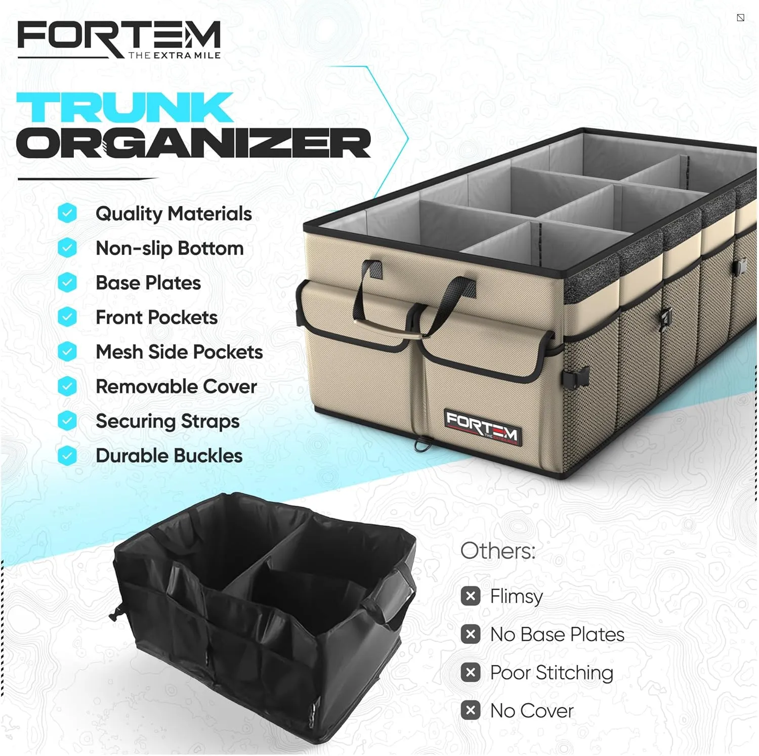 FORTEM Car Trunk Organizer, Collapsible Multi Compartment SUV Organizer, Foldable Storage for Car Accessories for Women Men, 600D Oxford, Non Slip Bottom, Securing Straps, Soft Cover (85L)