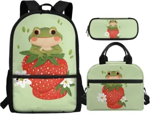 Frog Little Girls Backpack and Lunch Box Set with Pencil Case 6-8 Kids Cute Schoolbags Strawberry Large Capacity Travel Duffel Bag Casual Daypacks Rucksack for Kindergarten Pre-school