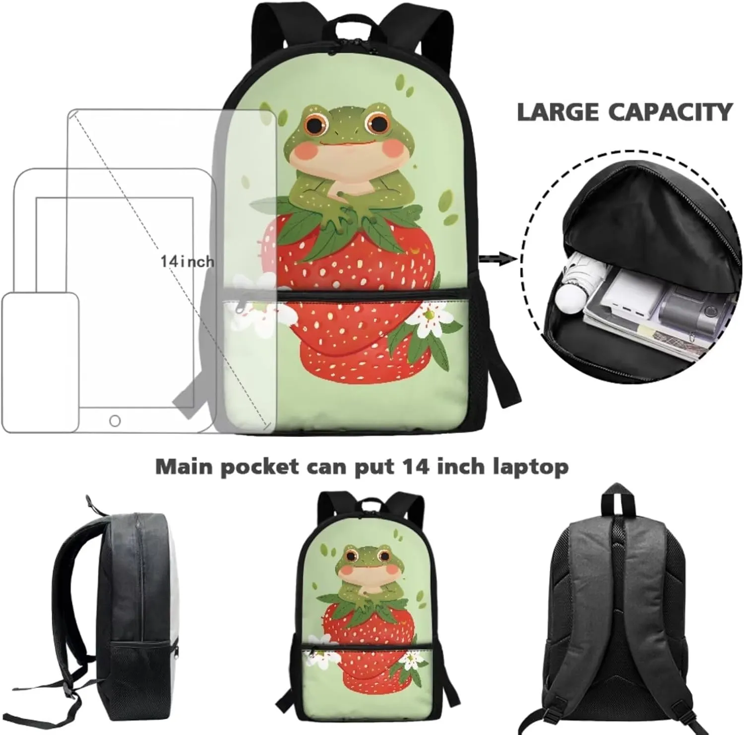 Frog Little Girls Backpack and Lunch Box Set with Pencil Case 6-8 Kids Cute Schoolbags Strawberry Large Capacity Travel Duffel Bag Casual Daypacks Rucksack for Kindergarten Pre-school