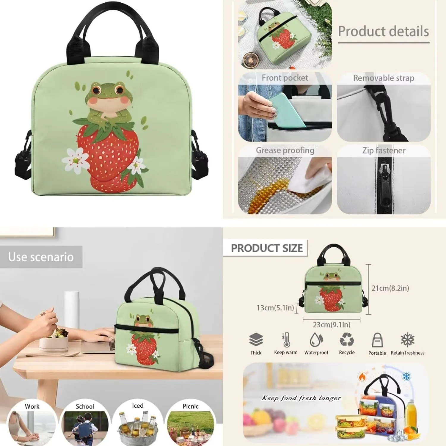 Frog Little Girls Backpack and Lunch Box Set with Pencil Case 6-8 Kids Cute Schoolbags Strawberry Large Capacity Travel Duffel Bag Casual Daypacks Rucksack for Kindergarten Pre-school