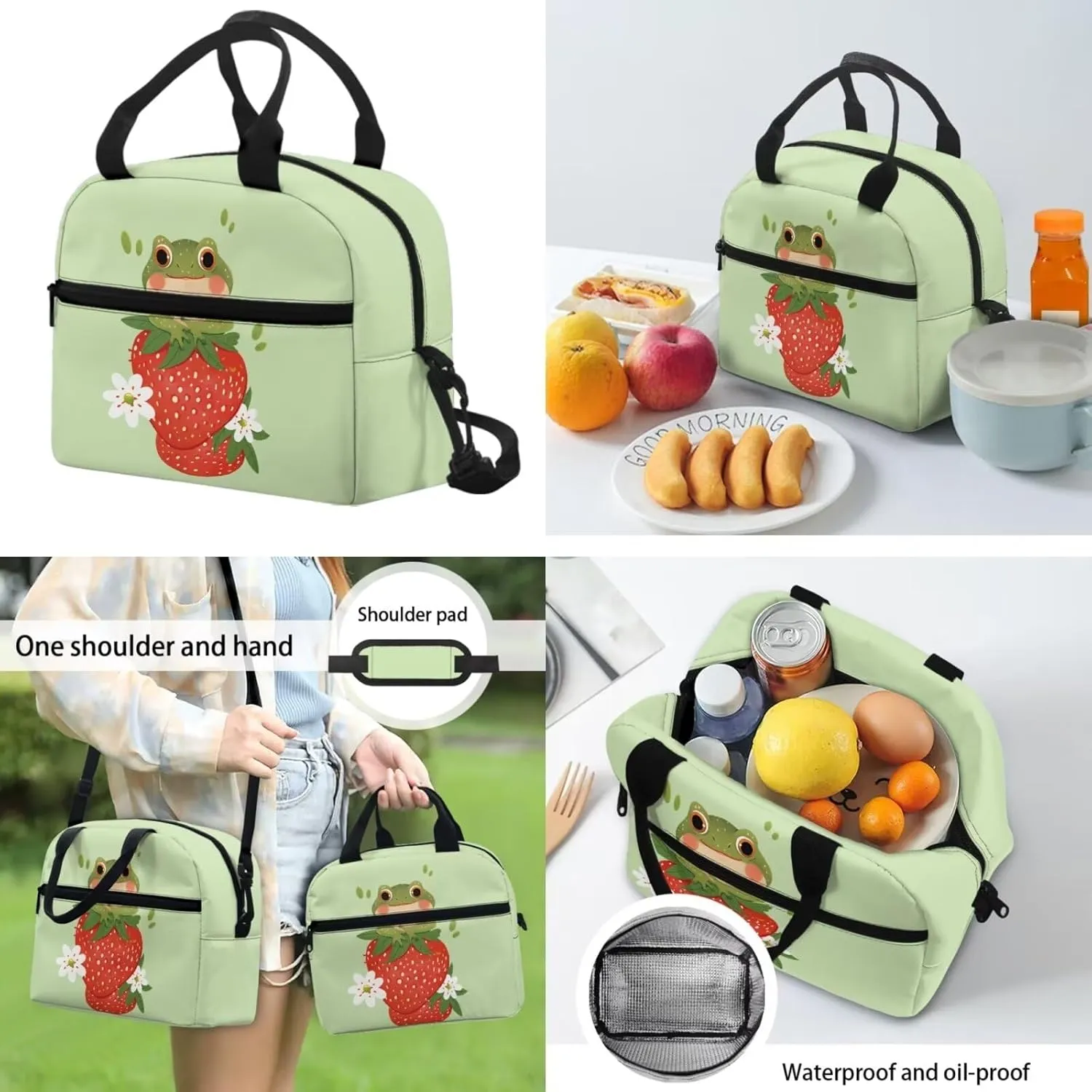Frog Little Girls Backpack and Lunch Box Set with Pencil Case 6-8 Kids Cute Schoolbags Strawberry Large Capacity Travel Duffel Bag Casual Daypacks Rucksack for Kindergarten Pre-school