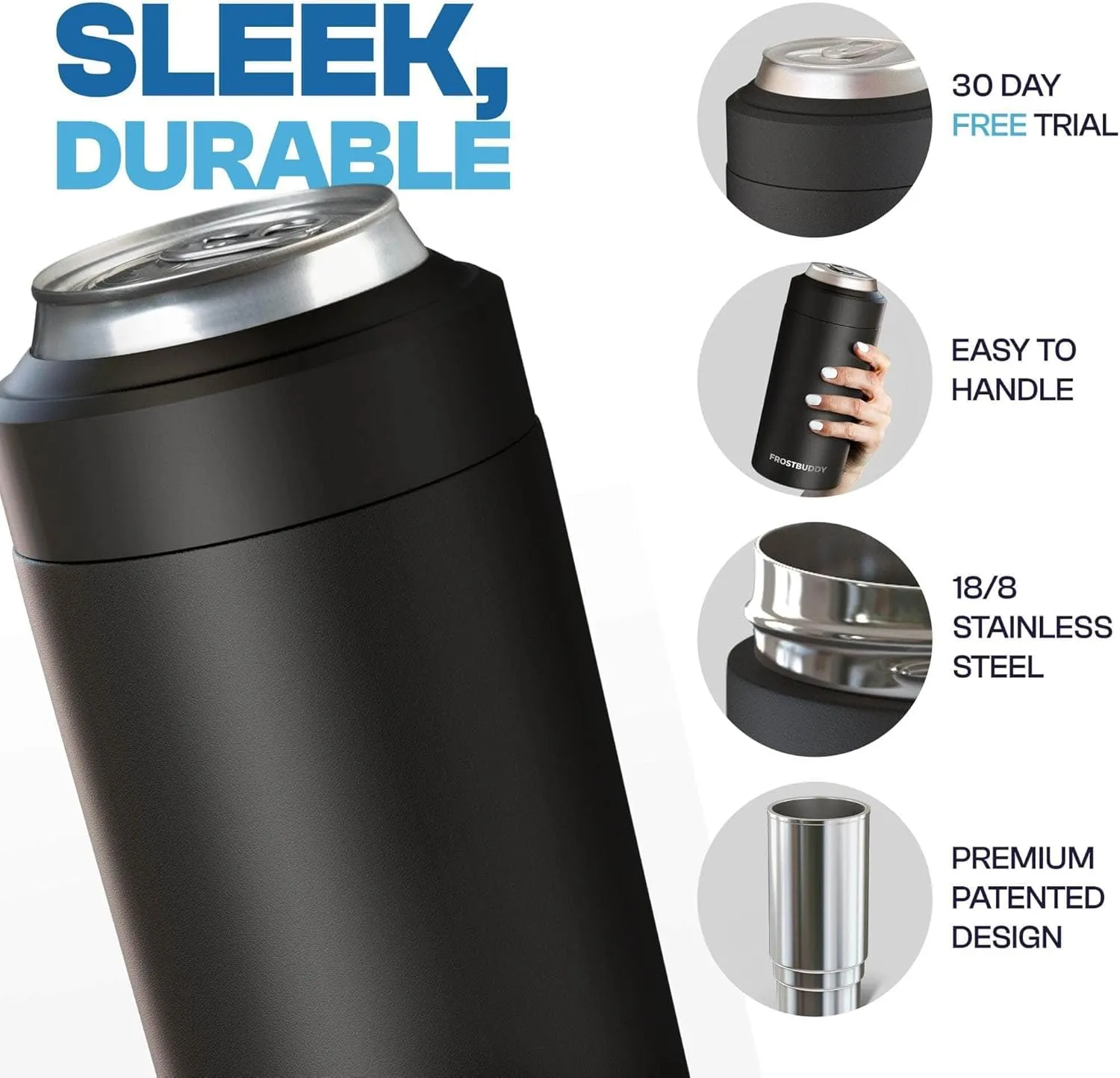 Frost Buddy Universal Buddy Can Cooler - Fits All - For Regular 12 & 16 oz or Slim-Size Bottles - Insulated Double-Walled Stainless Steel (Lights)