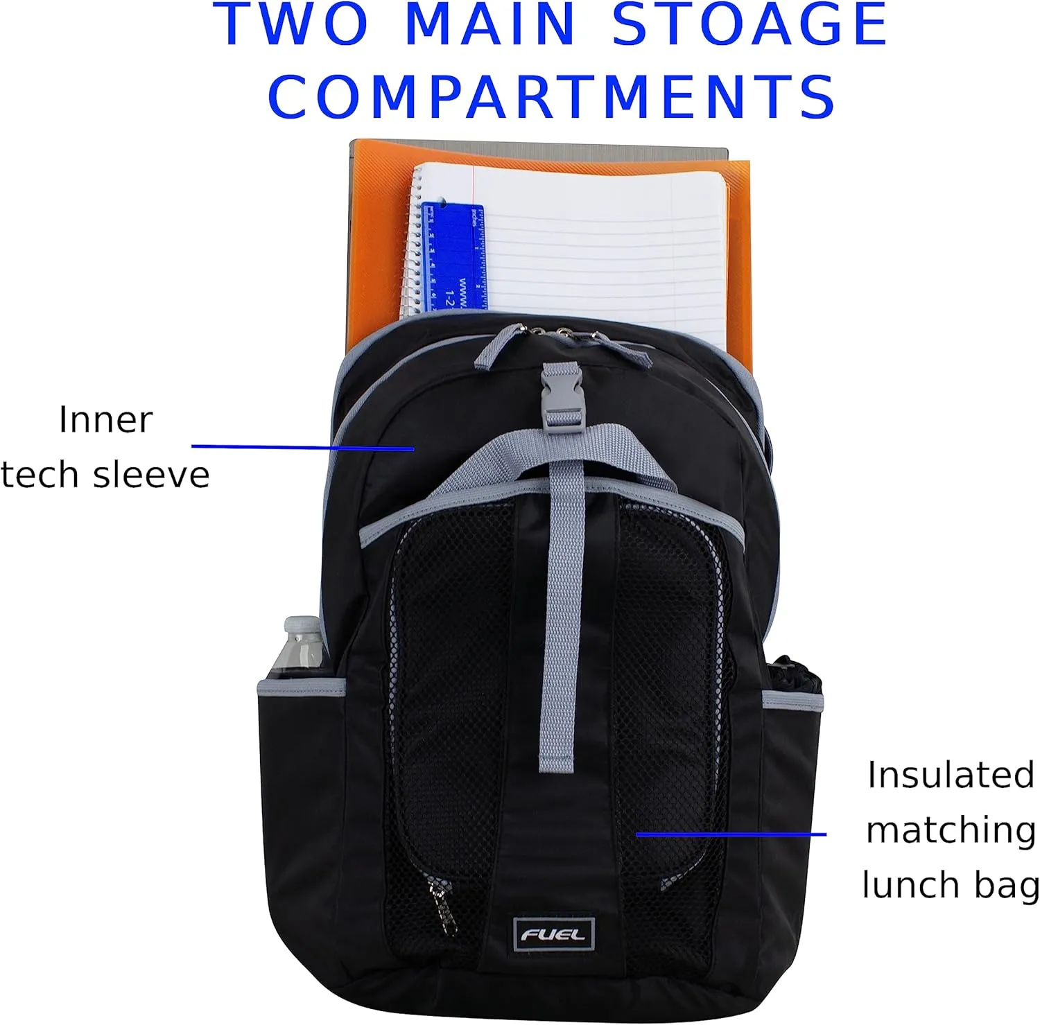 FUEL Lunch Backpack Set Teens Student Water Resistant Bookbag Bag Soft Reusable Insulated Cooler Lunch Box Thermal Travel Office Lunch Bag, Black