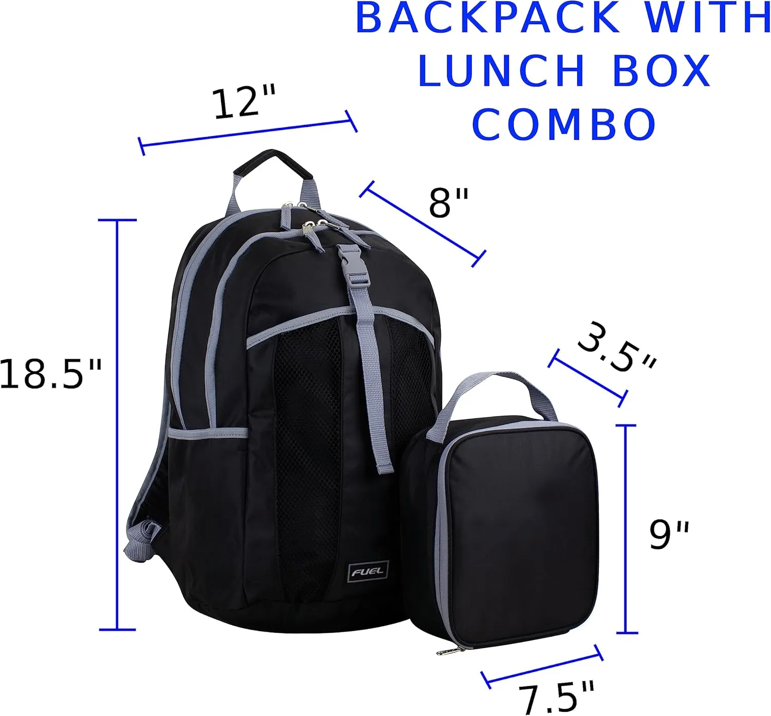 FUEL Lunch Backpack Set Teens Student Water Resistant Bookbag Bag Soft Reusable Insulated Cooler Lunch Box Thermal Travel Office Lunch Bag, Black