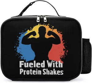 Fueled with Protein Shakes Insulated Cooler Leather Lunch Bag Meal Tote Handbags with Adjustable Handle Strap Side Pocket