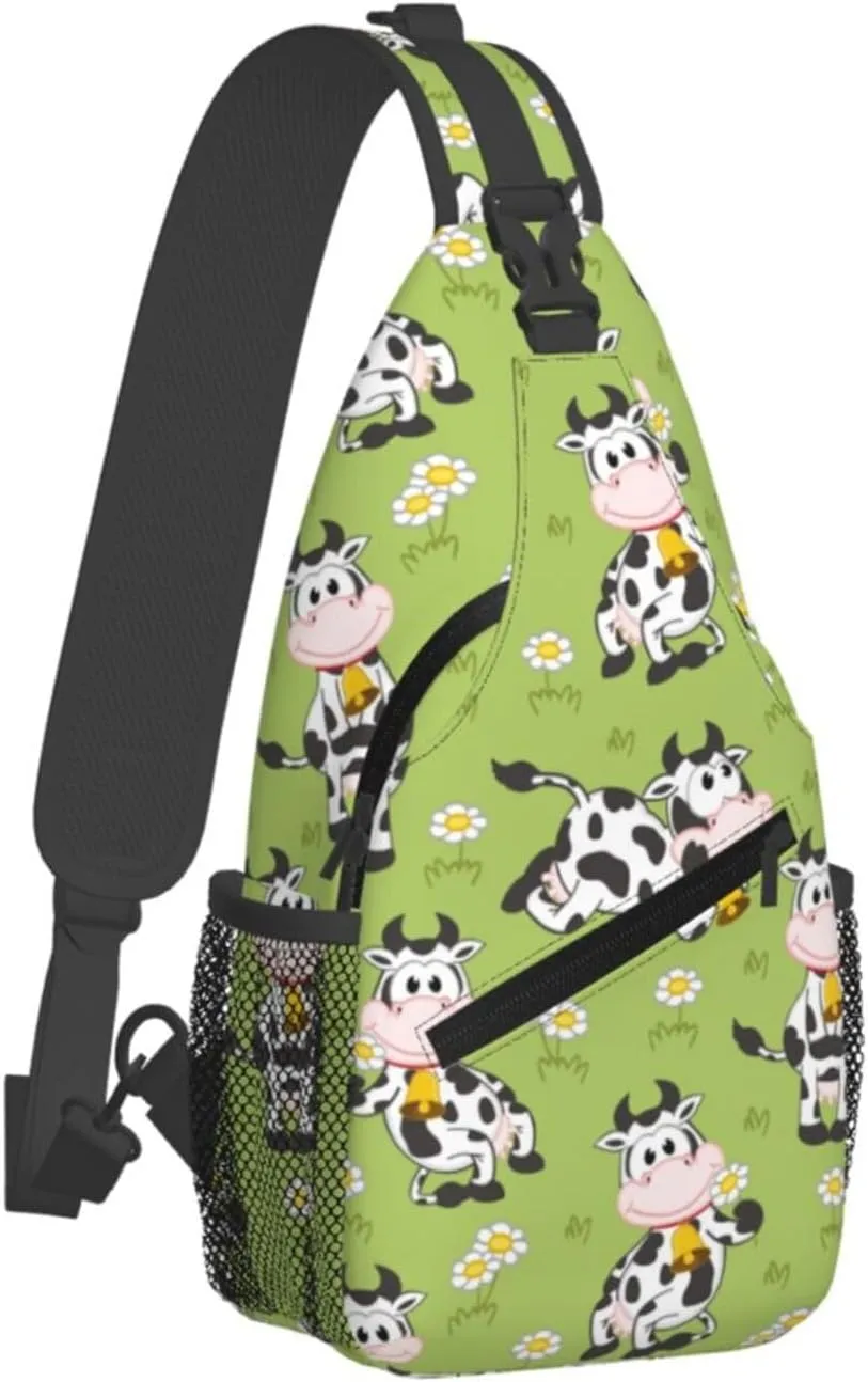 Funny Cow Bell Daisy Cross Chest Bag Diagonally Hiking Crossbody Bag Travel Shoulder Daypack Lightweight Sling Backpack Cycling Daypacks Fitness Chest Backpacks