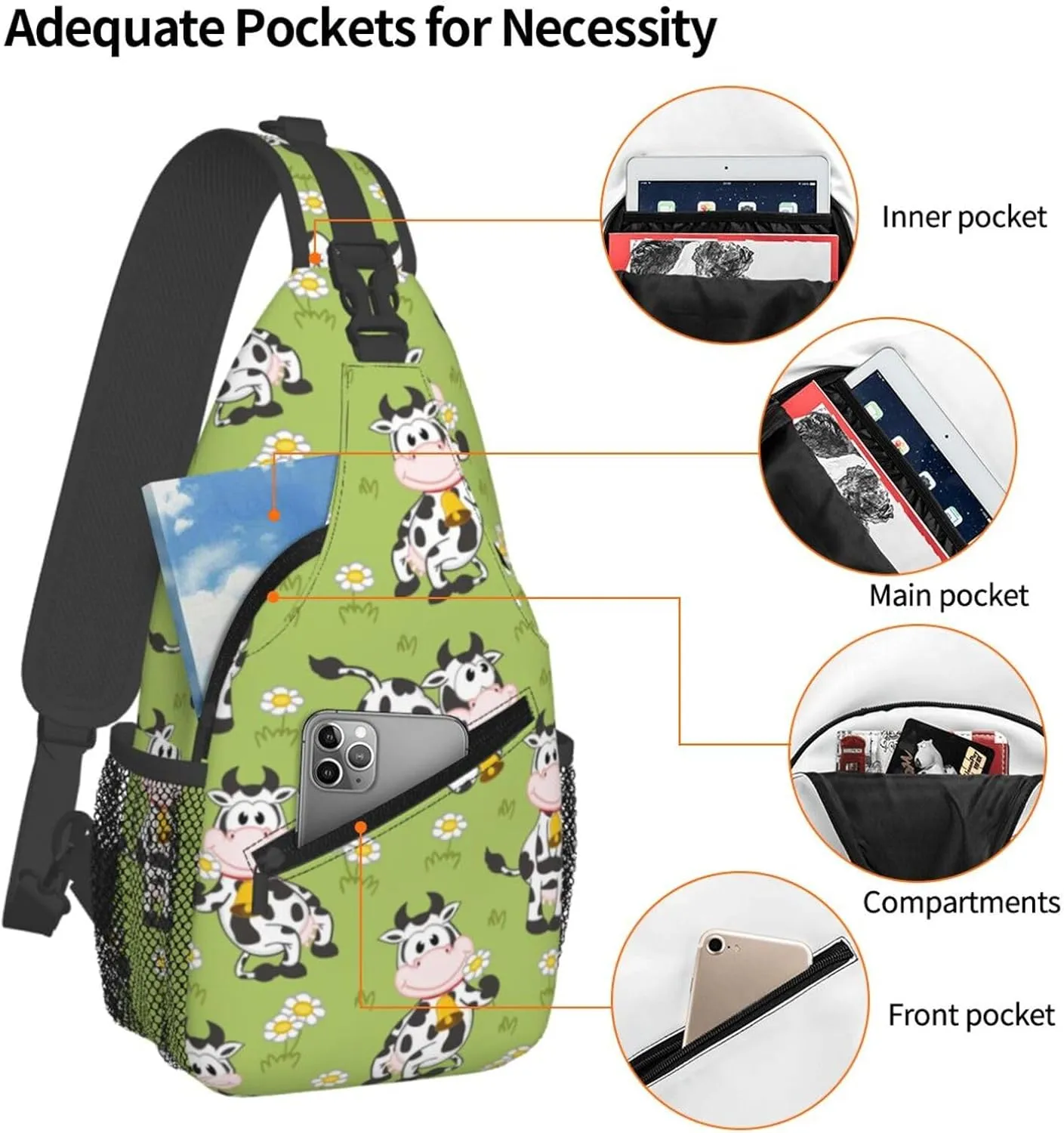 Funny Cow Bell Daisy Cross Chest Bag Diagonally Hiking Crossbody Bag Travel Shoulder Daypack Lightweight Sling Backpack Cycling Daypacks Fitness Chest Backpacks