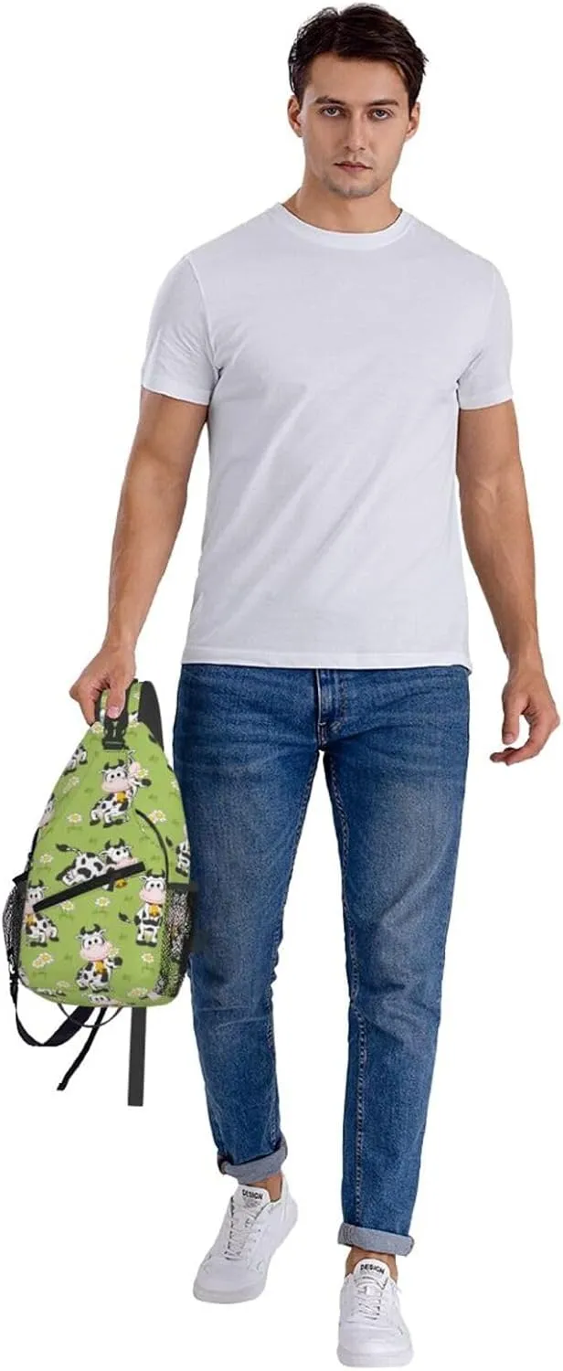 Funny Cow Bell Daisy Cross Chest Bag Diagonally Hiking Crossbody Bag Travel Shoulder Daypack Lightweight Sling Backpack Cycling Daypacks Fitness Chest Backpacks