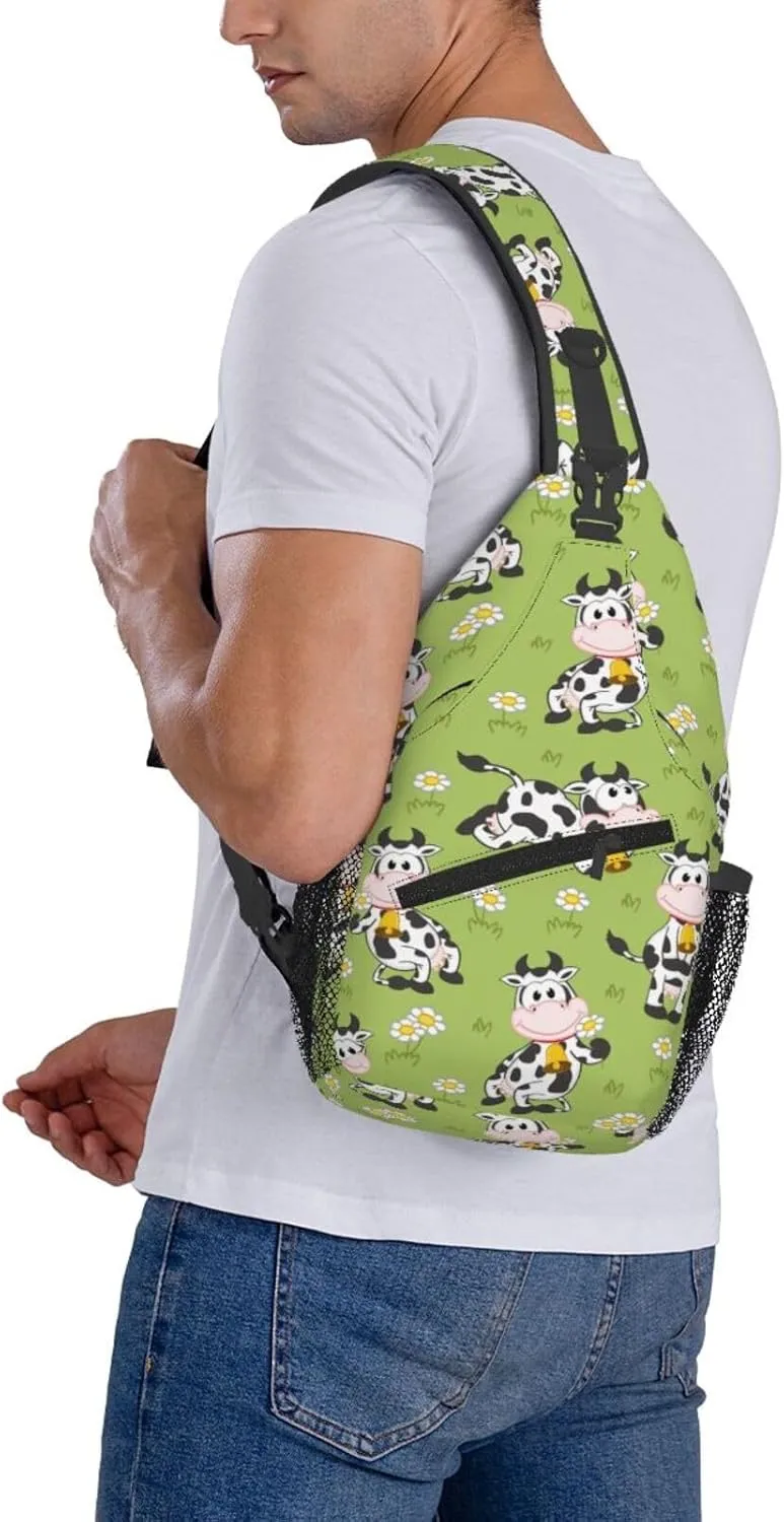 Funny Cow Bell Daisy Cross Chest Bag Diagonally Hiking Crossbody Bag Travel Shoulder Daypack Lightweight Sling Backpack Cycling Daypacks Fitness Chest Backpacks