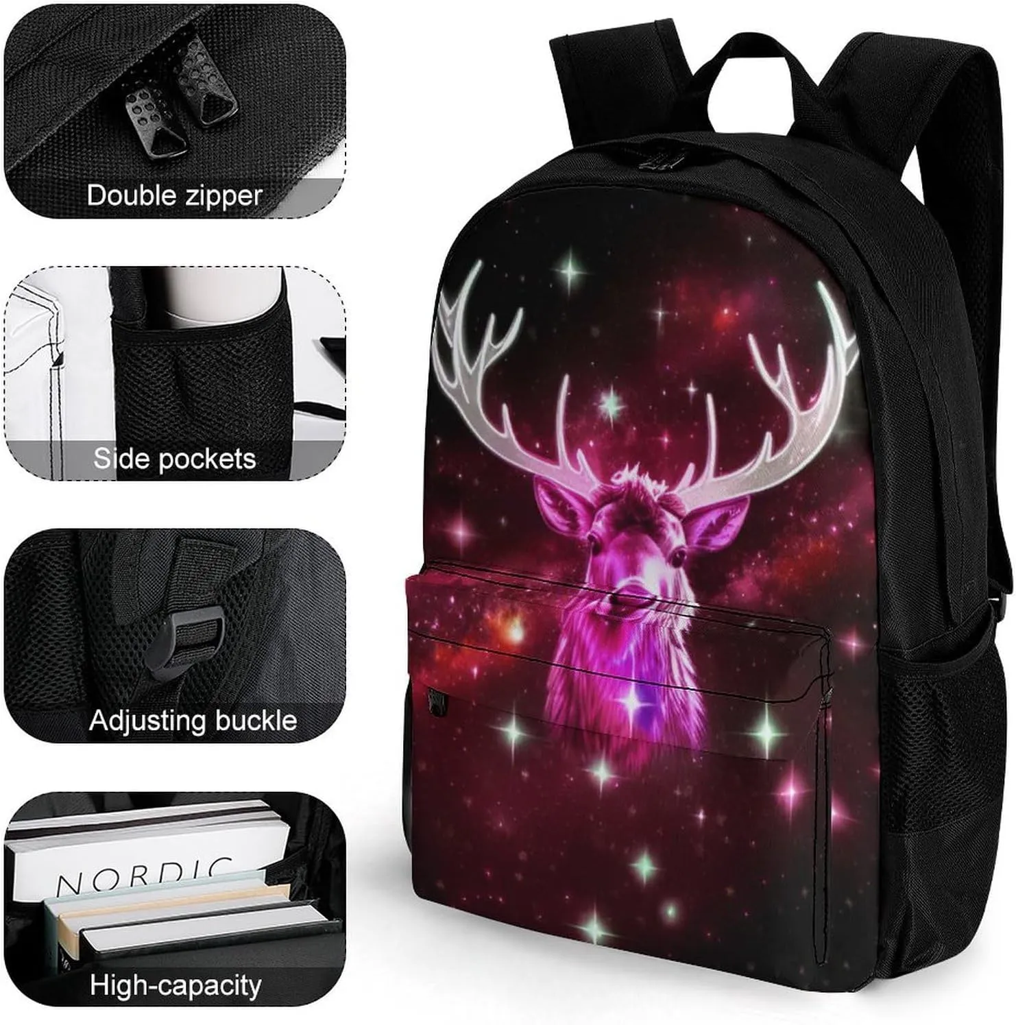 Galaxy Starry Sky Christmas Elk Moose Art Backpack Polyester Anti-Theft Multipurpose Bookbag Large Capacity Laptop Book Bag Rucksack With Side Pockets