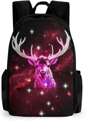 Galaxy Starry Sky Christmas Elk Moose Art Backpack Polyester Anti-Theft Multipurpose Bookbag Large Capacity Laptop Book Bag Rucksack With Side Pockets