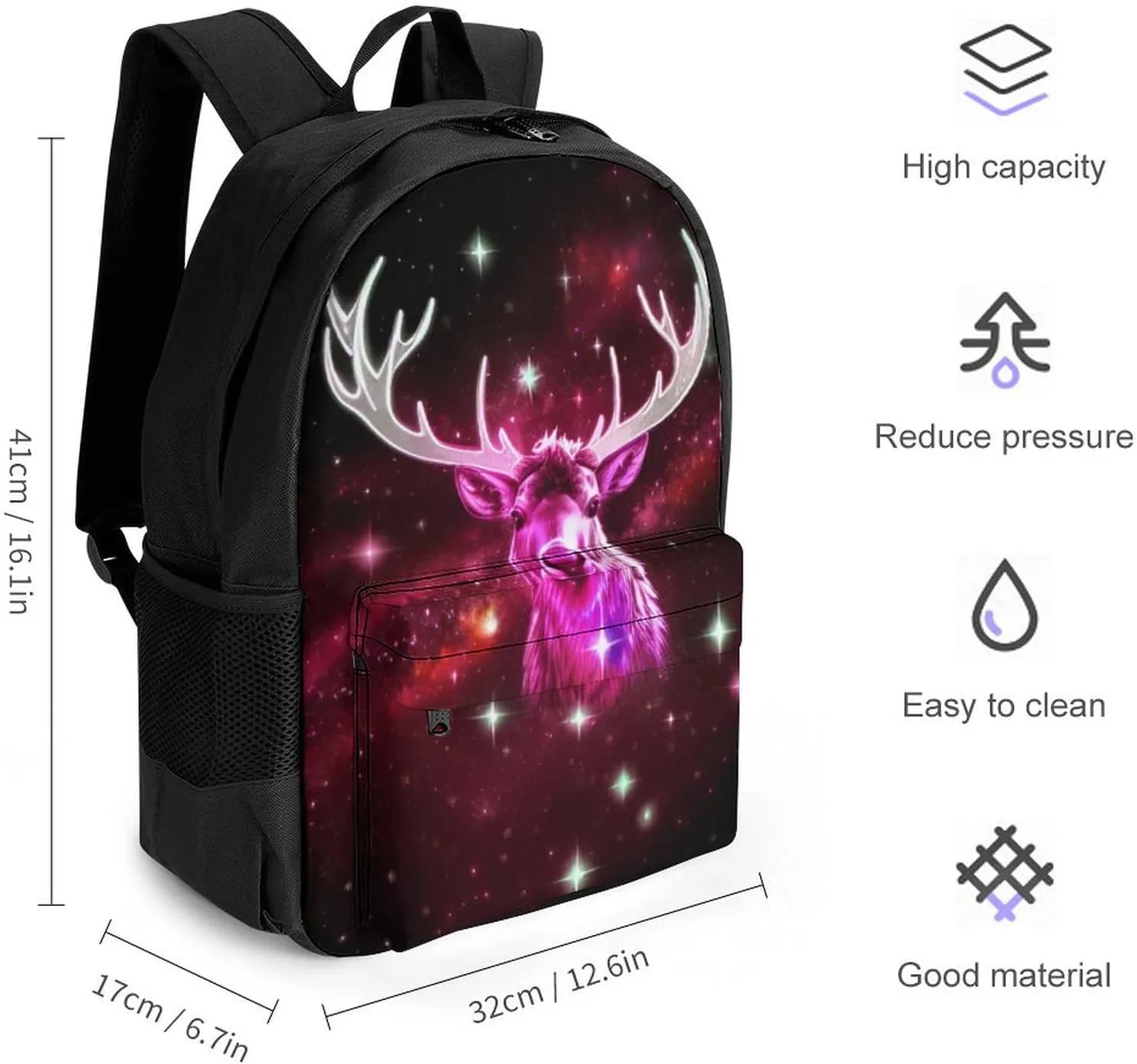 Galaxy Starry Sky Christmas Elk Moose Art Backpack Polyester Anti-Theft Multipurpose Bookbag Large Capacity Laptop Book Bag Rucksack With Side Pockets