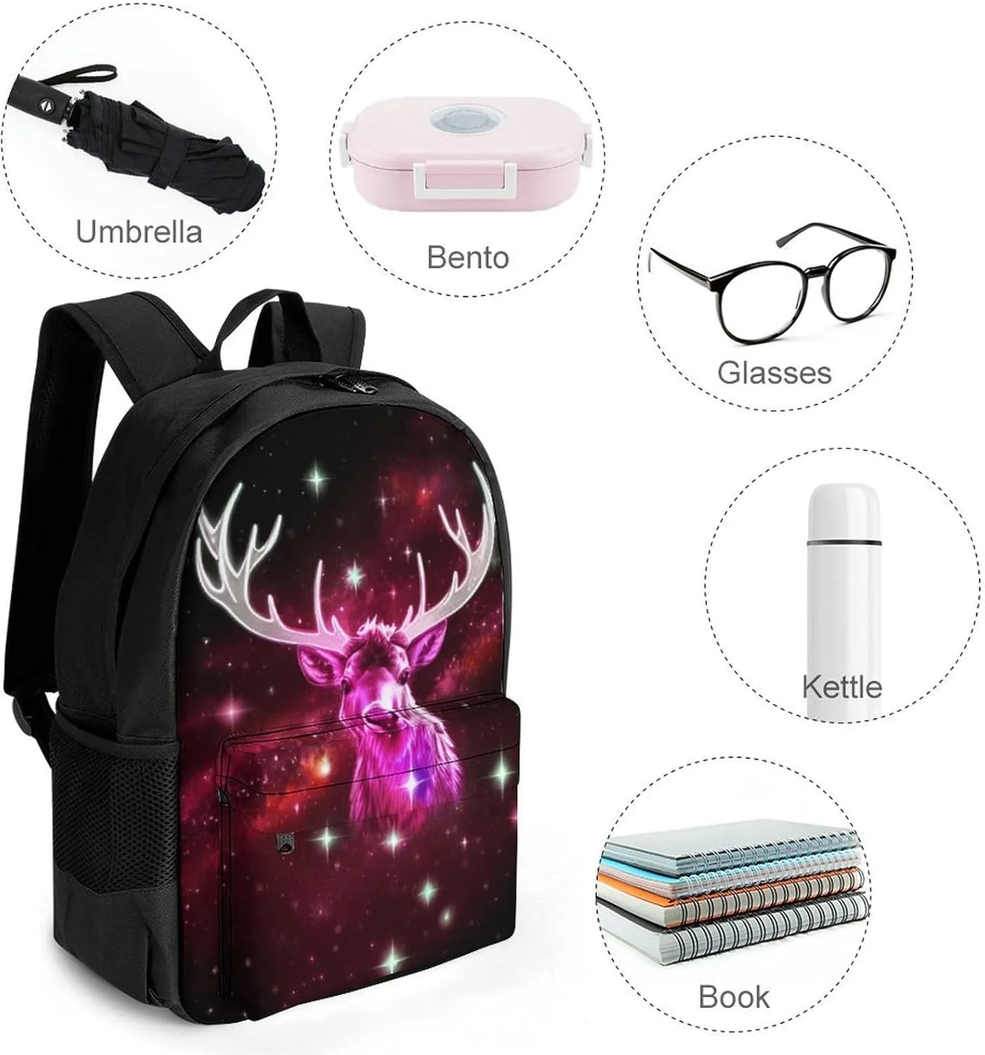 Galaxy Starry Sky Christmas Elk Moose Art Backpack Polyester Anti-Theft Multipurpose Bookbag Large Capacity Laptop Book Bag Rucksack With Side Pockets