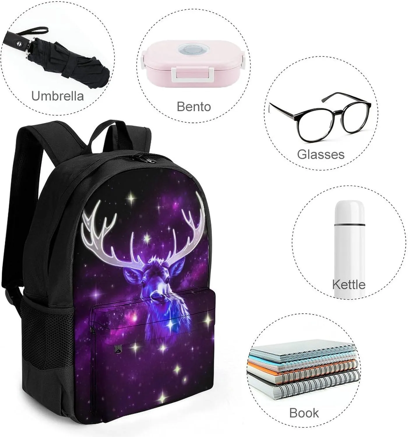 Galaxy Starry Sky Christmas Elk Moose Art Rucksack Polyester Anti-Theft Multipurpose Bookbag Big Capacity Travel and Sport Backpack Rucksack With Side Pockets