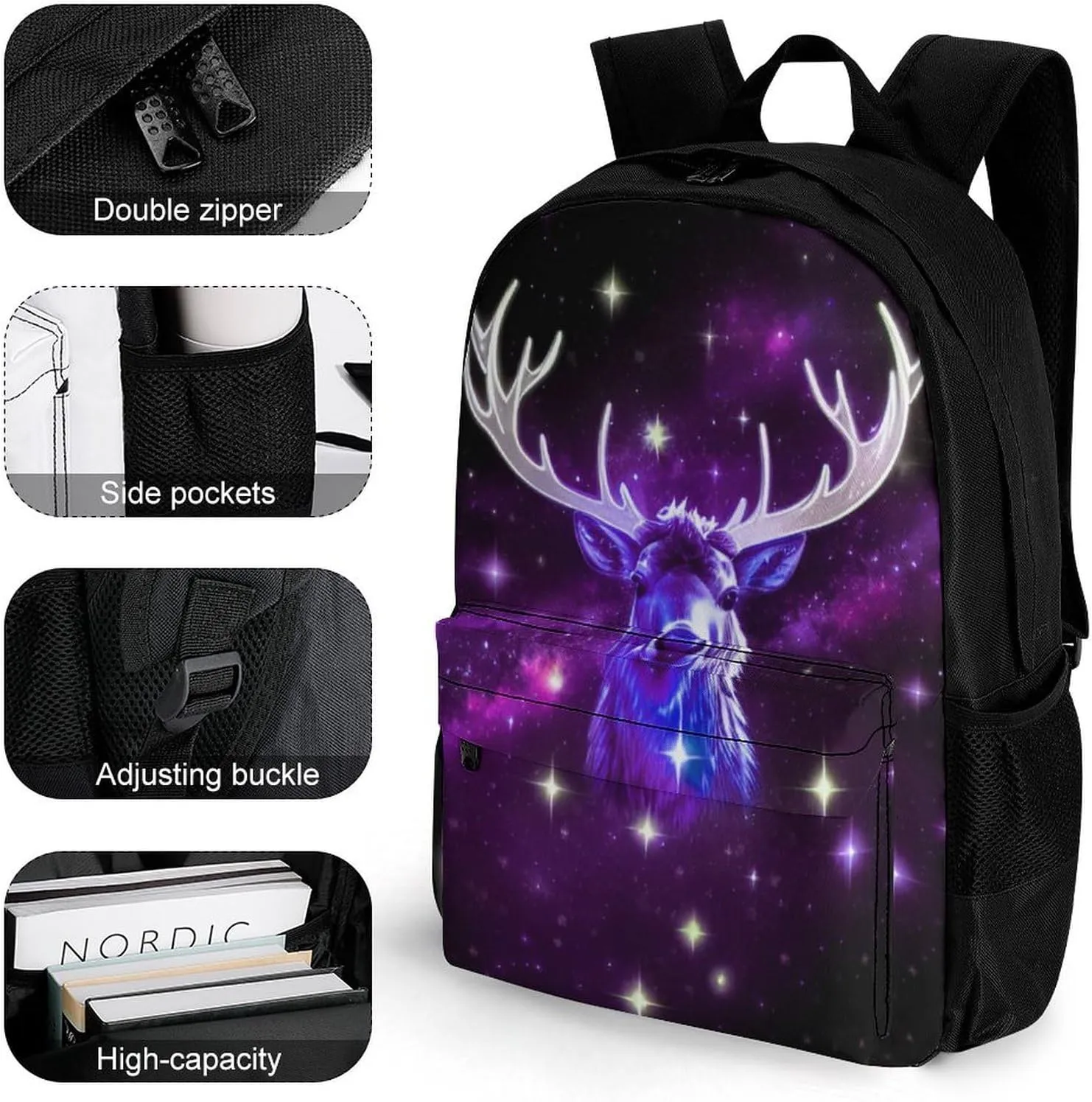 Galaxy Starry Sky Christmas Elk Moose Art Rucksack Polyester Anti-Theft Multipurpose Bookbag Big Capacity Travel and Sport Backpack Rucksack With Side Pockets