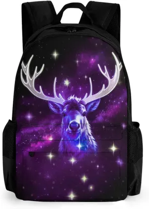 Galaxy Starry Sky Christmas Elk Moose Art Rucksack Polyester Anti-Theft Multipurpose Bookbag Big Capacity Travel and Sport Backpack Rucksack With Side Pockets