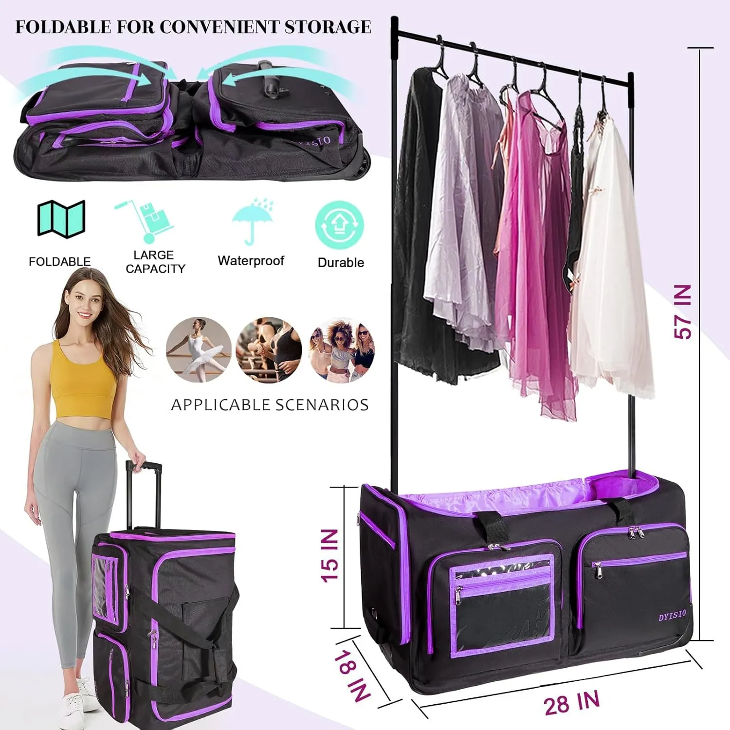 Garment bags for travel,28"dance bag with coat hanger, clothes rack dance suitcase, clothes rack for hanging clothes,Rolling garment bags with wheels