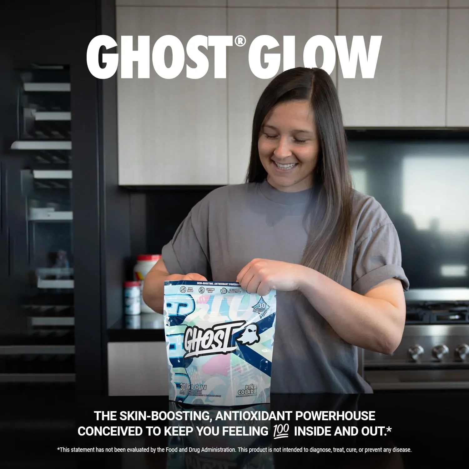 GHOST Glow Sticks: Beauty and Detox Supplement - 30 On-The-Go Stick Packs, Pina Colada - Hyaluronic Acid, Biotin & L-Theanine for Skin-Boosting Support – Sugar Free, Gluten Free