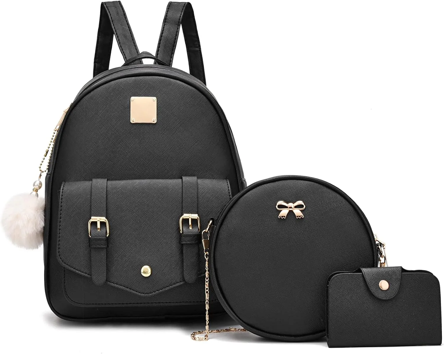 Girls 3-Pieces Fahsion Leather Backpack Purse Set for Women Rucksack for Ladies Satchel Bag for Girls