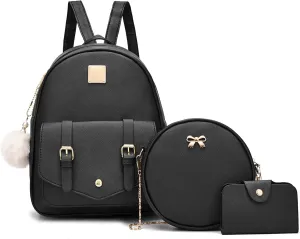 Girls 3-Pieces Fahsion Leather Backpack Purse Set for Women Rucksack for Ladies Satchel Bag for Girls