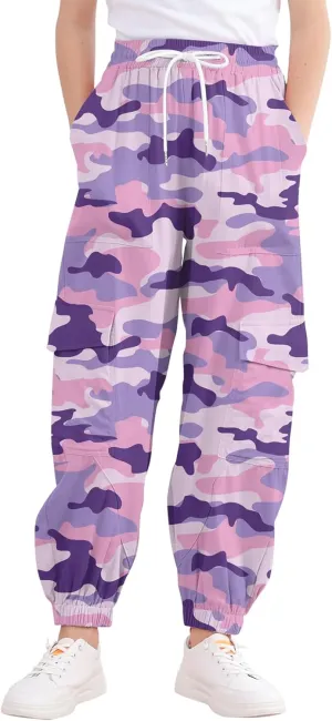 Girls Cargo Pants Baggy Joggers Lightweight Elastic Waist Drawstring with Pockets Casual Travel Hiking Streetwear