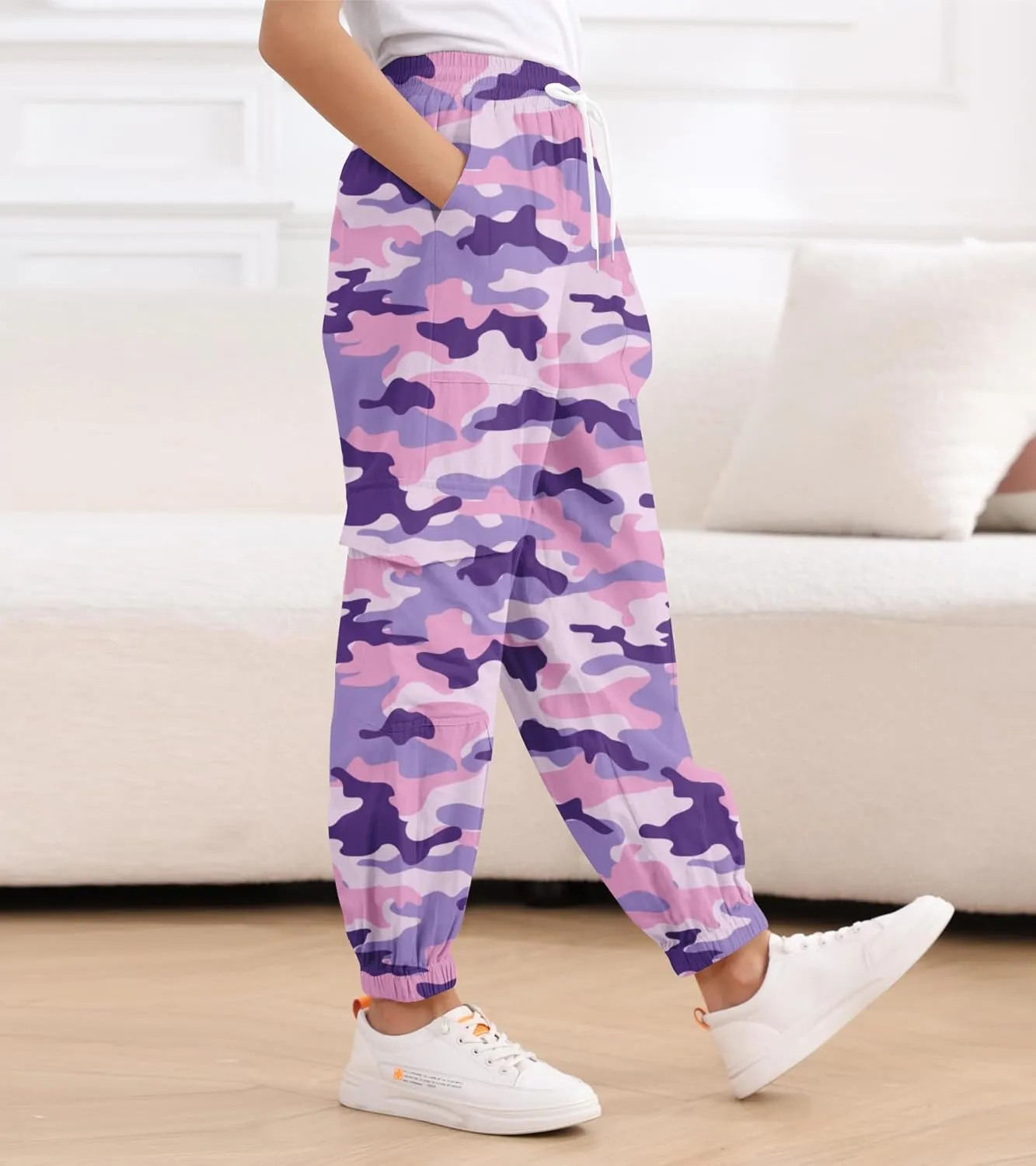 Girls Cargo Pants Baggy Joggers Lightweight Elastic Waist Drawstring with Pockets Casual Travel Hiking Streetwear