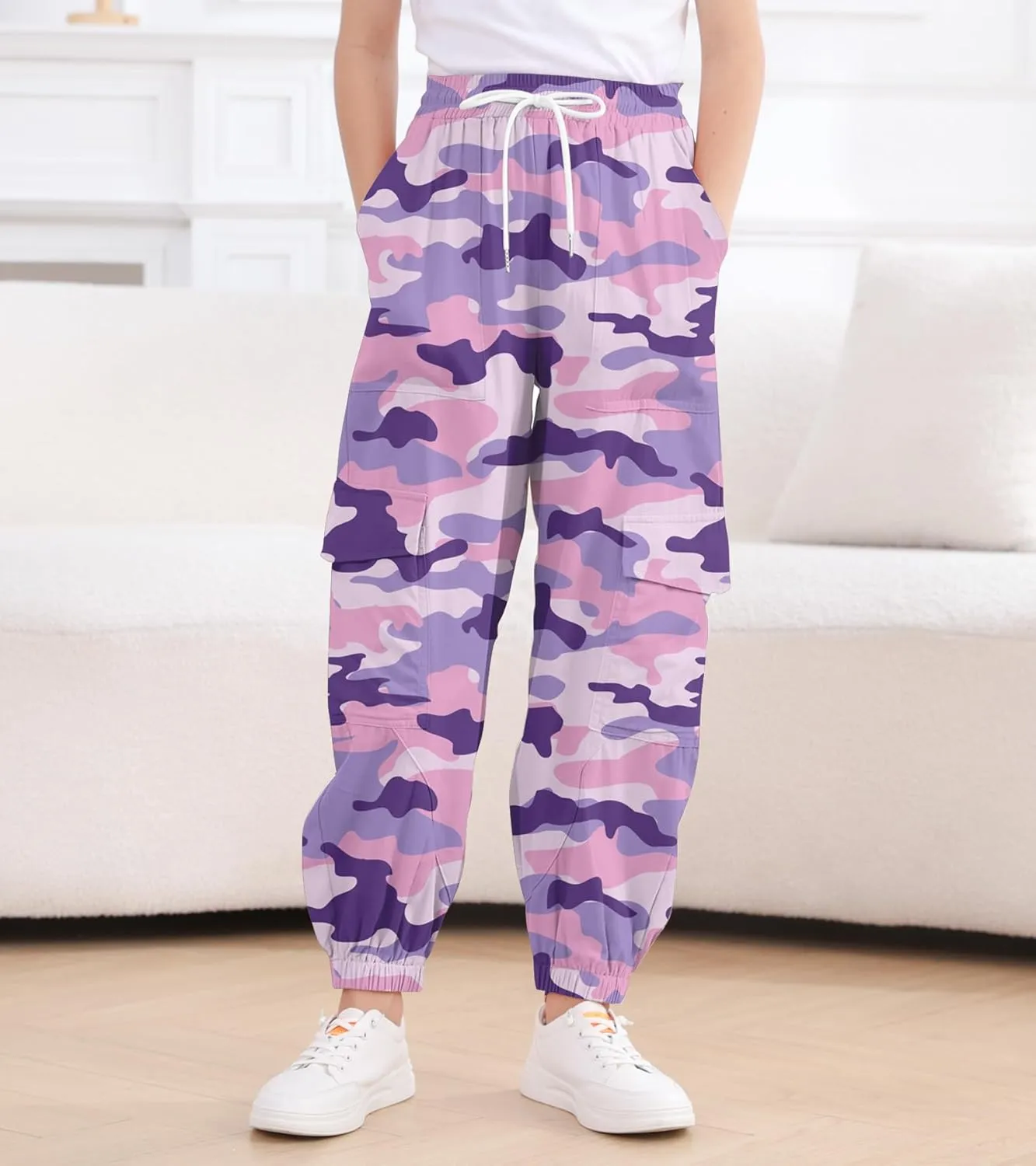 Girls Cargo Pants Baggy Joggers Lightweight Elastic Waist Drawstring with Pockets Casual Travel Hiking Streetwear