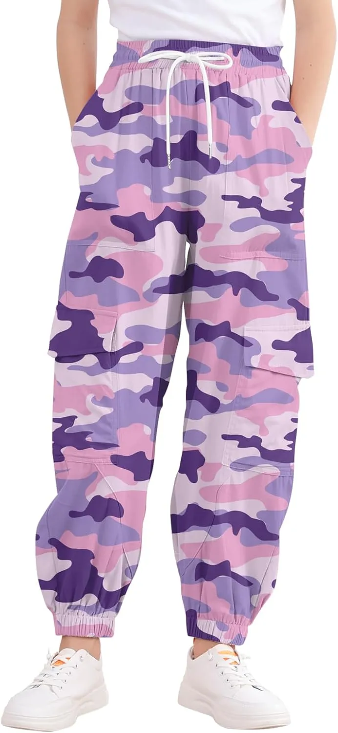 Girls Cargo Pants Baggy Joggers Lightweight Elastic Waist Drawstring with Pockets Casual Travel Hiking Streetwear