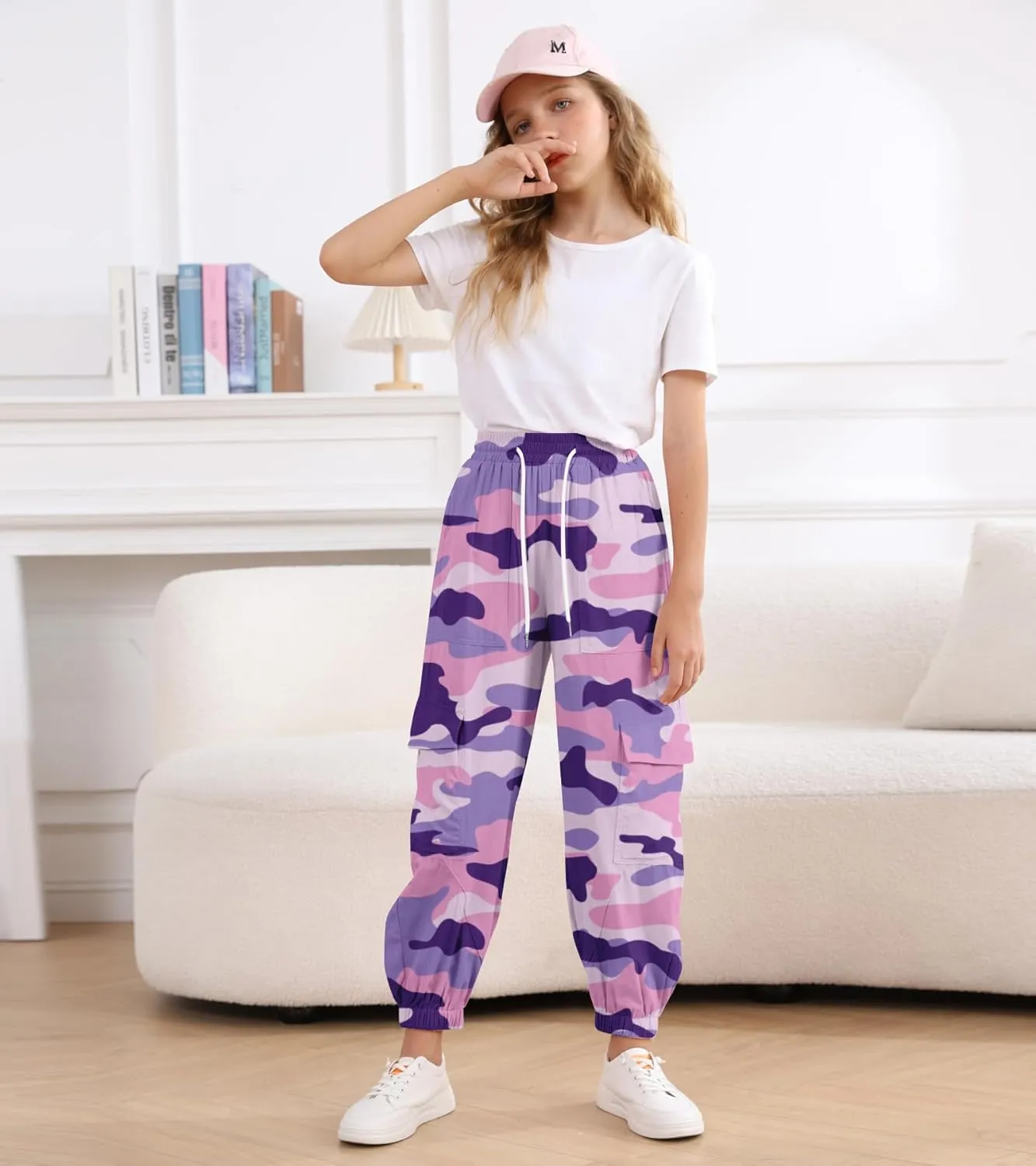 Girls Cargo Pants Baggy Joggers Lightweight Elastic Waist Drawstring with Pockets Casual Travel Hiking Streetwear