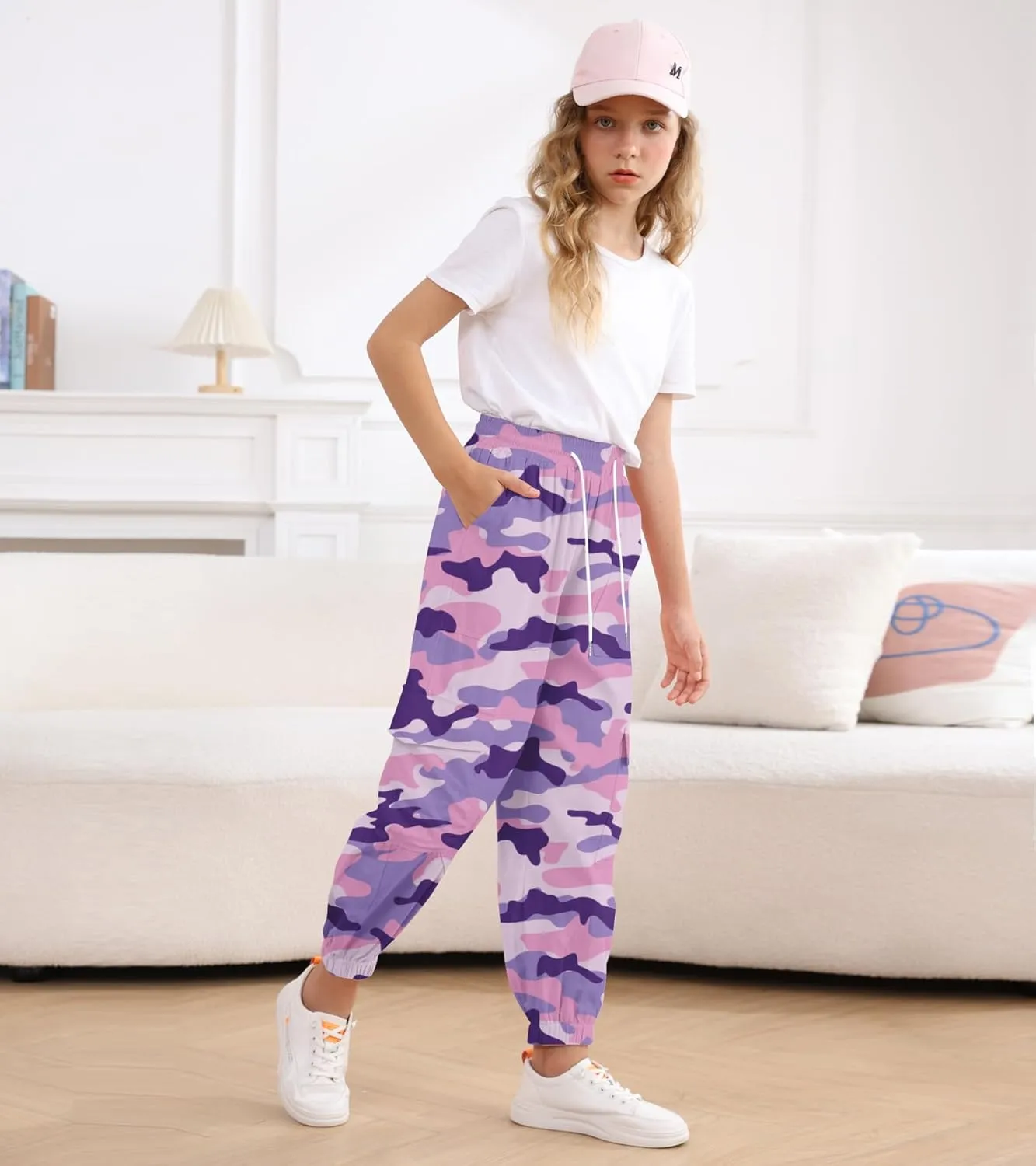 Girls Cargo Pants Baggy Joggers Lightweight Elastic Waist Drawstring with Pockets Casual Travel Hiking Streetwear