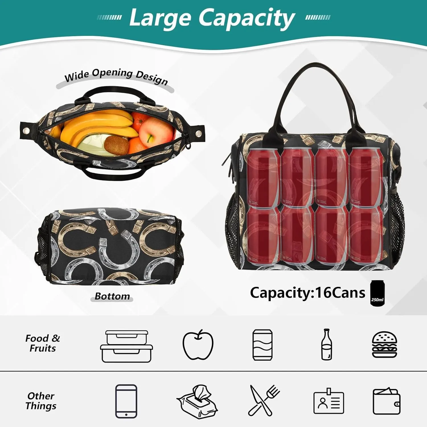 Golden Horseshoe Insulated Lunch Box Bag for Women Men Lunch Boxes Large Capacity Cooler Tote Bag Reusable with Adjustable Strap for Work Adult Travel, 9L