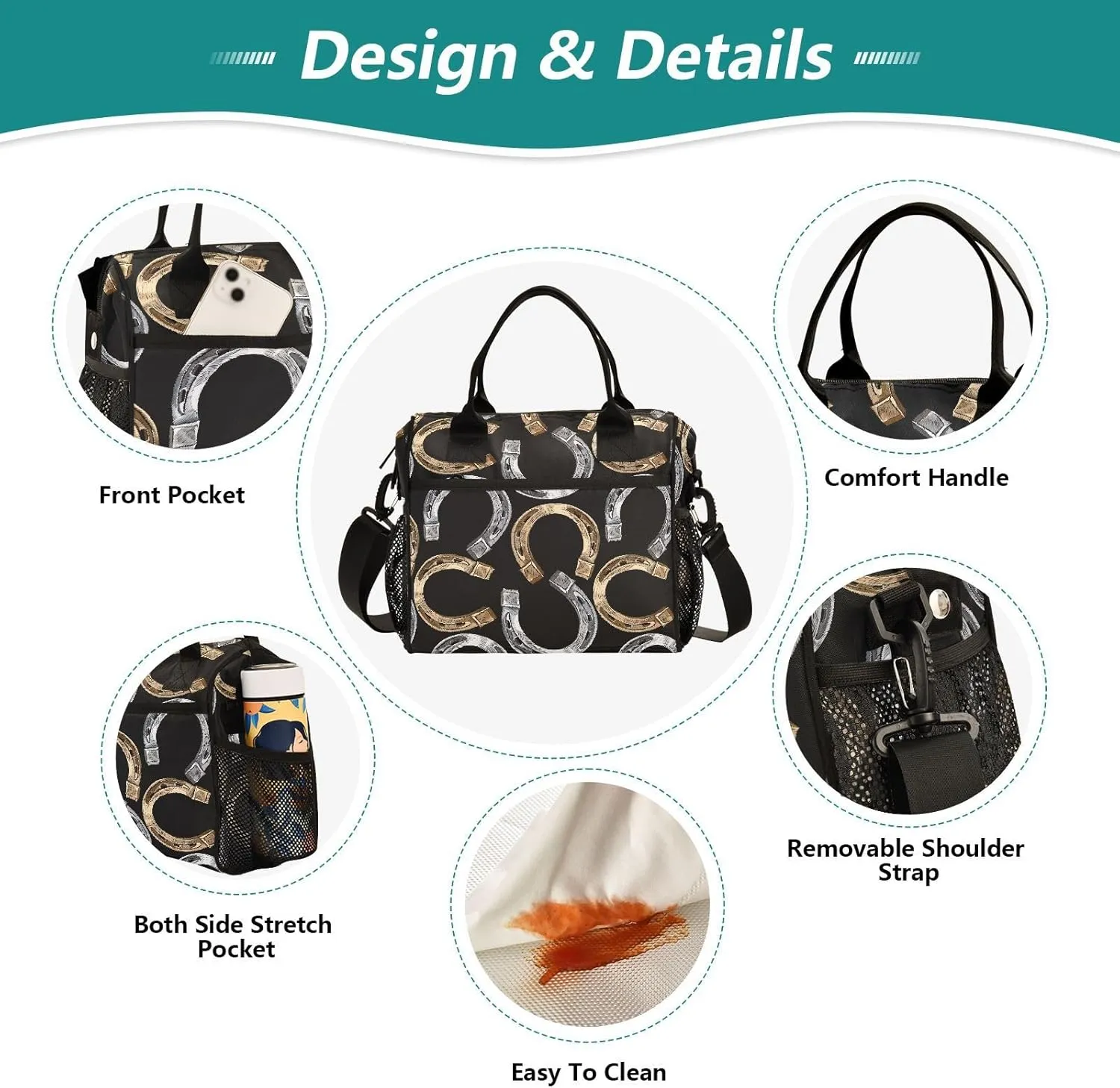Golden Horseshoe Insulated Lunch Box Bag for Women Men Lunch Boxes Large Capacity Cooler Tote Bag Reusable with Adjustable Strap for Work Adult Travel, 9L