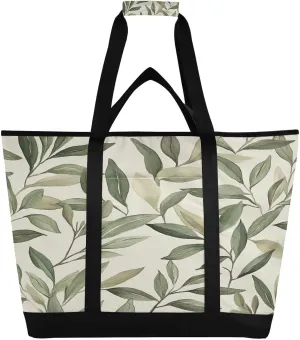 Green Leaves Reusable Insulated Lunchbox Cooler Bag, Leakproof Kitchen Grocery Bag Collapsible Portable Cooler Tote Bag for Picnic, Camping, Office, Travel