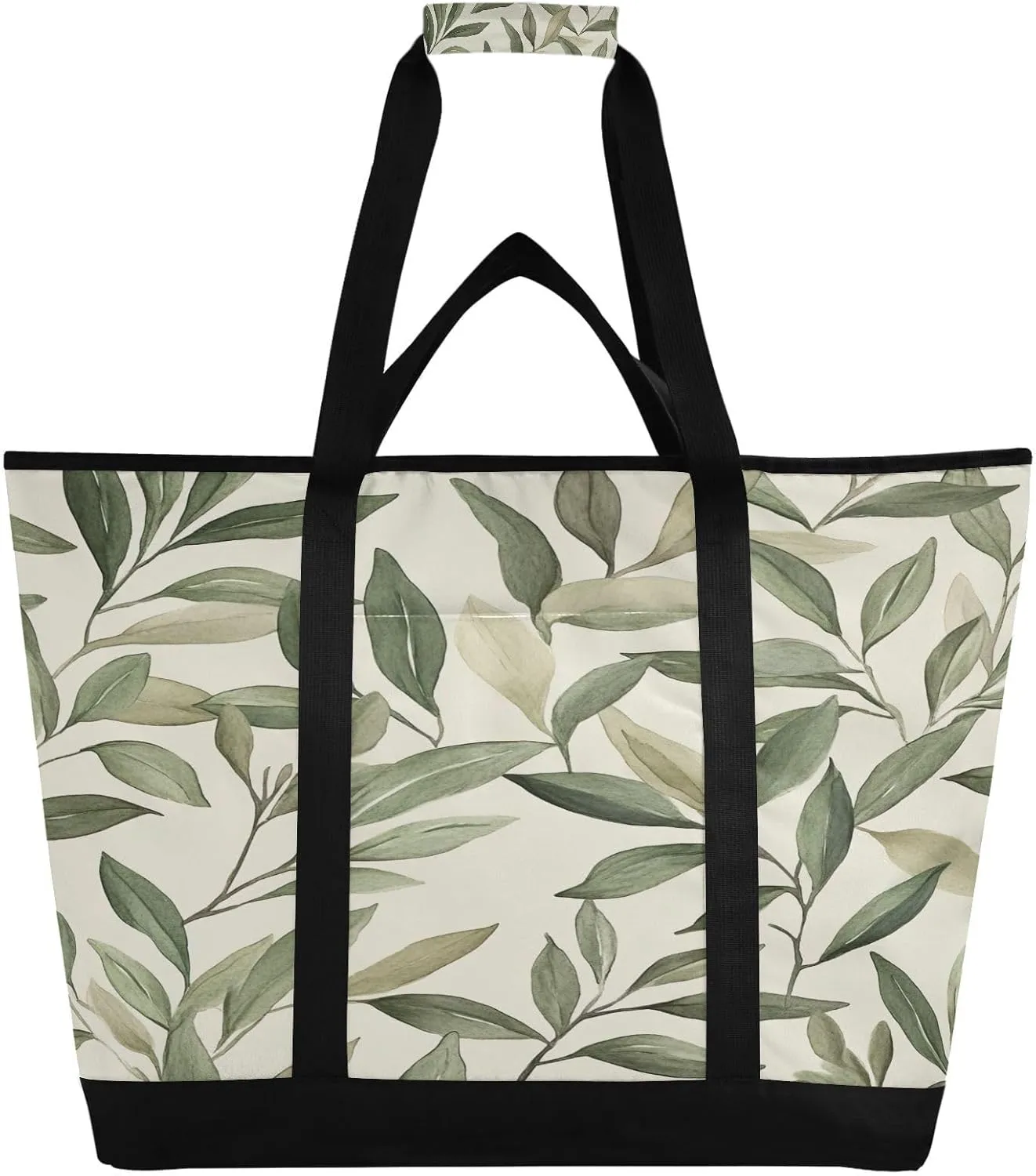 Green Leaves Reusable Insulated Lunchbox Cooler Bag, Leakproof Kitchen Grocery Bag Collapsible Portable Cooler Tote Bag for Picnic, Camping, Office, Travel