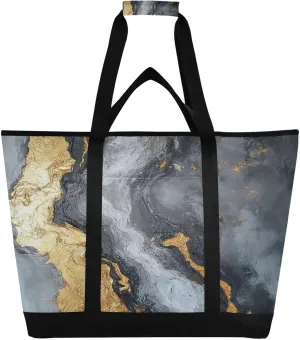 Grey Gold Marble Reusable Insulated Lunchbox Cooler Bag, Leakproof Kitchen Grocery Bag Collapsible Portable Cooler Tote Bag for Picnic, Camping, Office, Travel