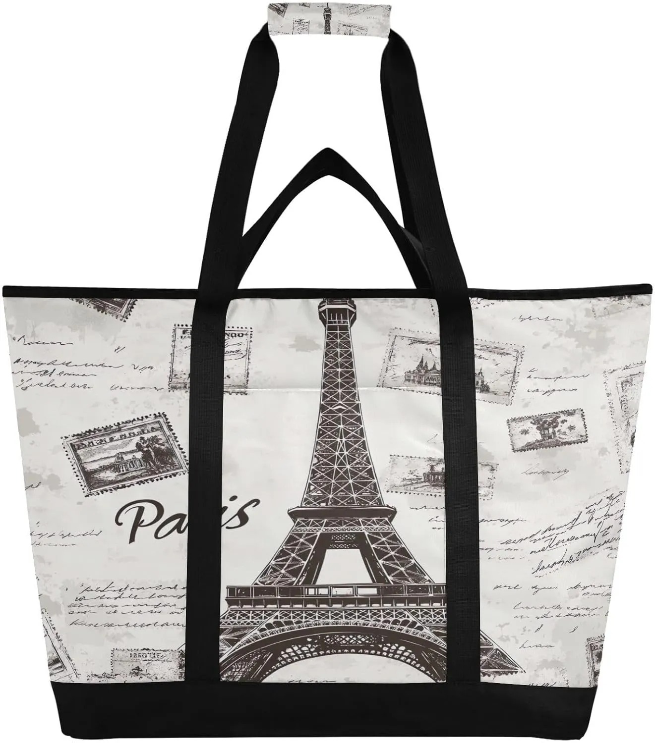 Grey Paris Tower Reusable Insulated Lunchbox Cooler Bag, Leakproof Kitchen Grocery Bag Collapsible Portable Cooler Tote Bag for Picnic, Camping, Office, Travel