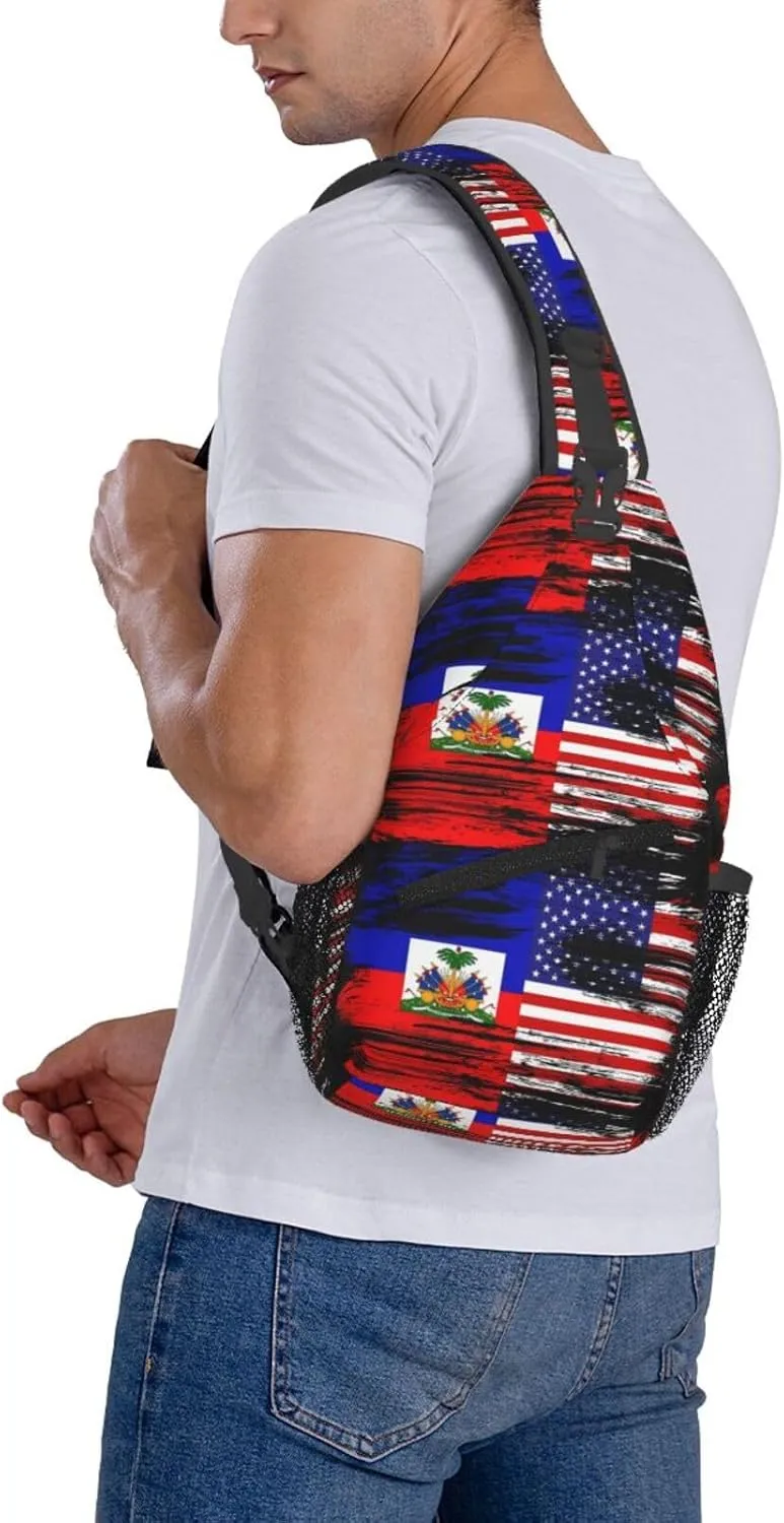 Haiti Haitian American Flag Crossbody Bag Cross Chest Bag Adjustable Sling Backpack Sports Gym Shoulder Bags Travel Cycling Daypack Diagonally Casual Rucksack