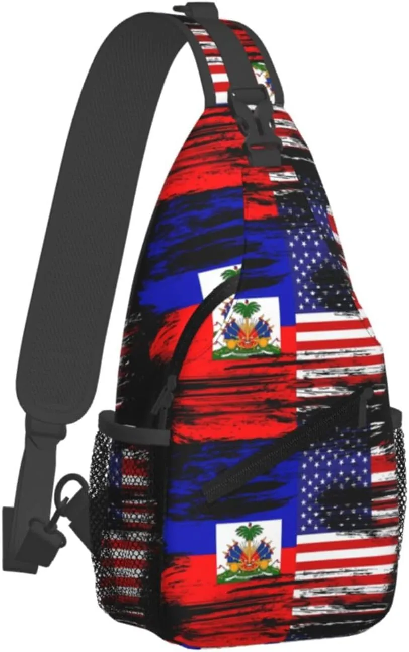 Haiti Haitian American Flag Crossbody Bag Cross Chest Bag Adjustable Sling Backpack Sports Gym Shoulder Bags Travel Cycling Daypack Diagonally Casual Rucksack