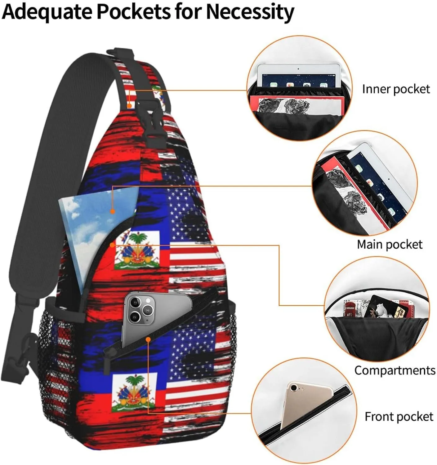 Haiti Haitian American Flag Crossbody Bag Cross Chest Bag Adjustable Sling Backpack Sports Gym Shoulder Bags Travel Cycling Daypack Diagonally Casual Rucksack