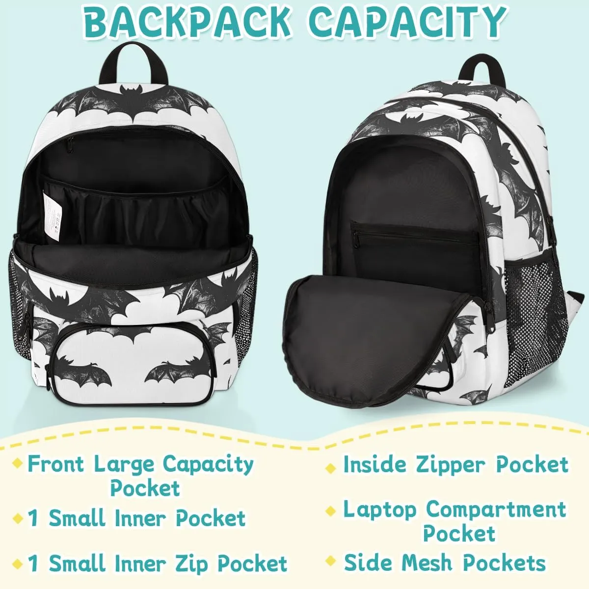 Halloween Bat Carry on Travel Backpack for Women Men Water resistant Lightweight Rucksack Backpack for Weekender Casual Work Hiking Bat Scary Pattern Print