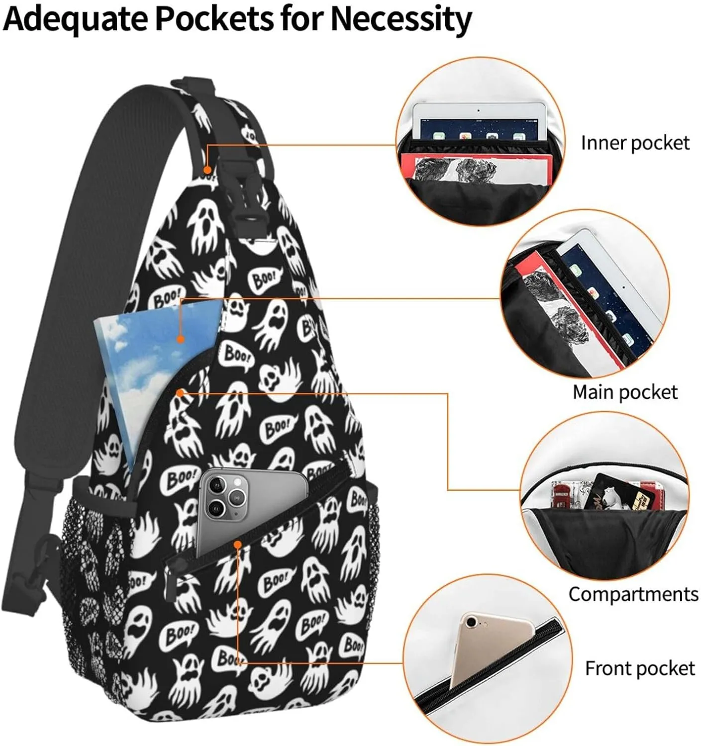 Halloween Horrify Ghosts Boo Cross Chest Bag Diagonally Hiking Crossbody Bag Travel Shoulder Daypack Lightweight Sling Backpack Cycling Daypacks Fitness Chest Backpacks